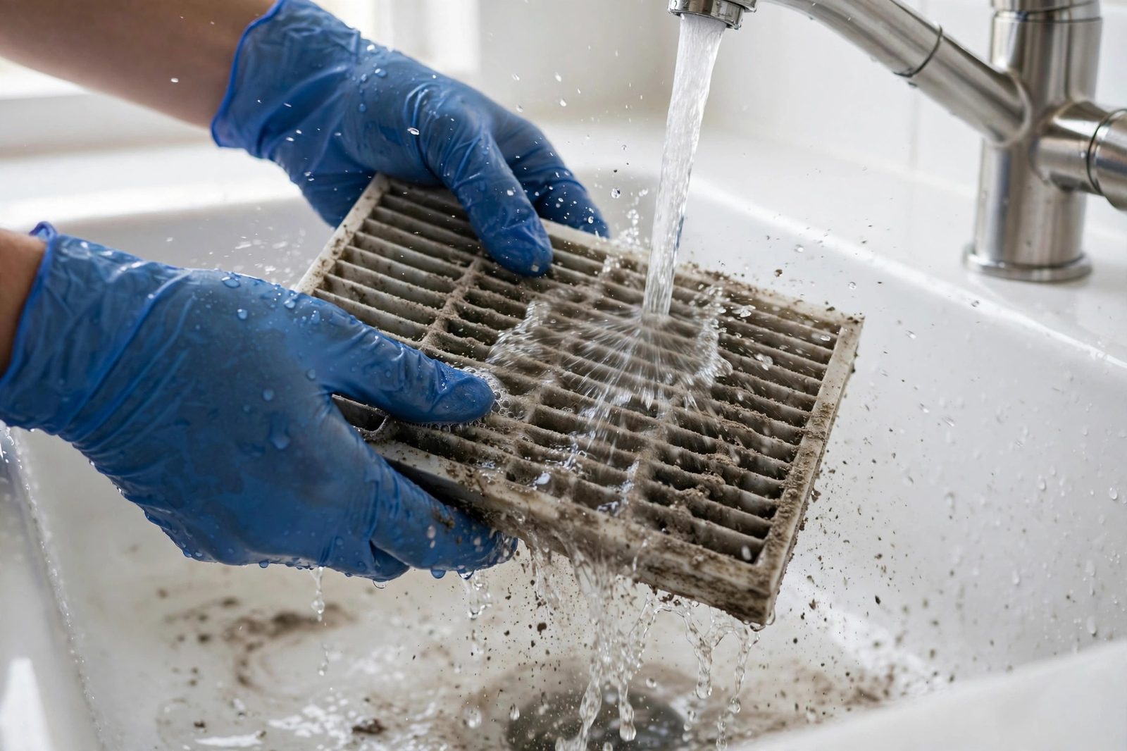 Washing a dusty AC filter during servicing
