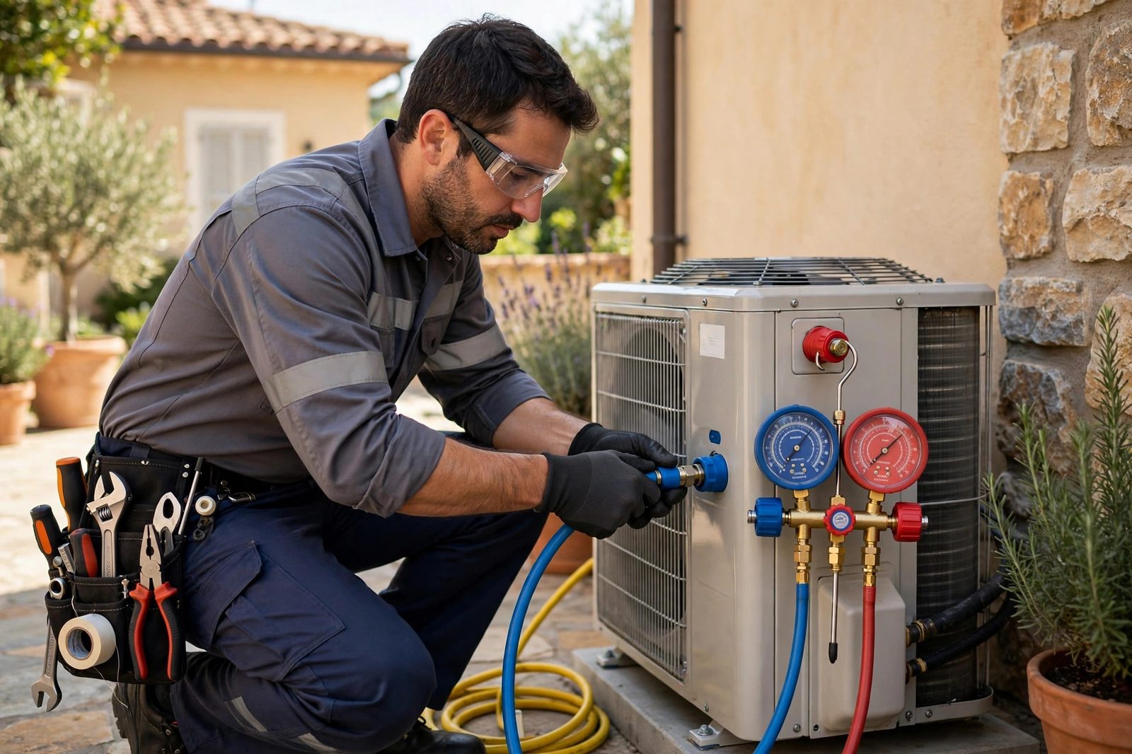 AC refrigerant gas refill with manifold gauges in Dubai