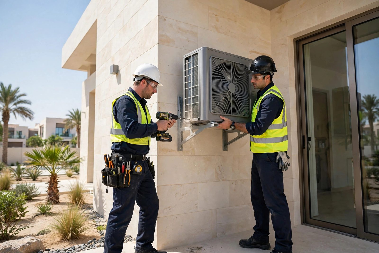 AC outdoor unit installation on a Dubai villa