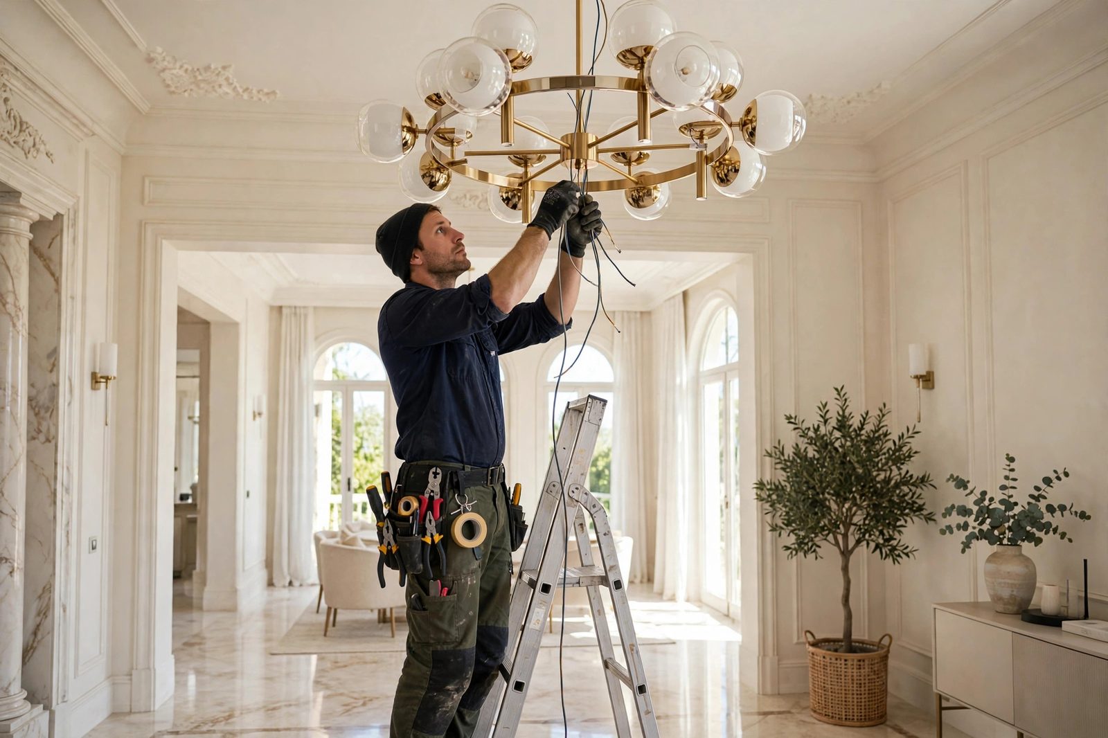 Chandelier installation in a Dubai villa foyer