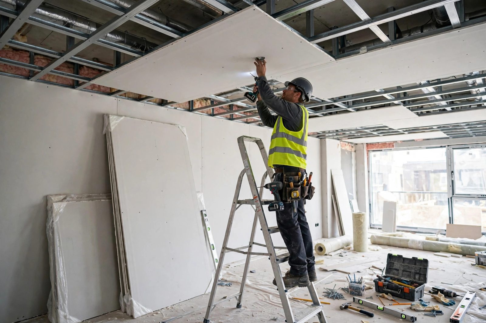 Gypsum ceiling installation during Dubai renovation
