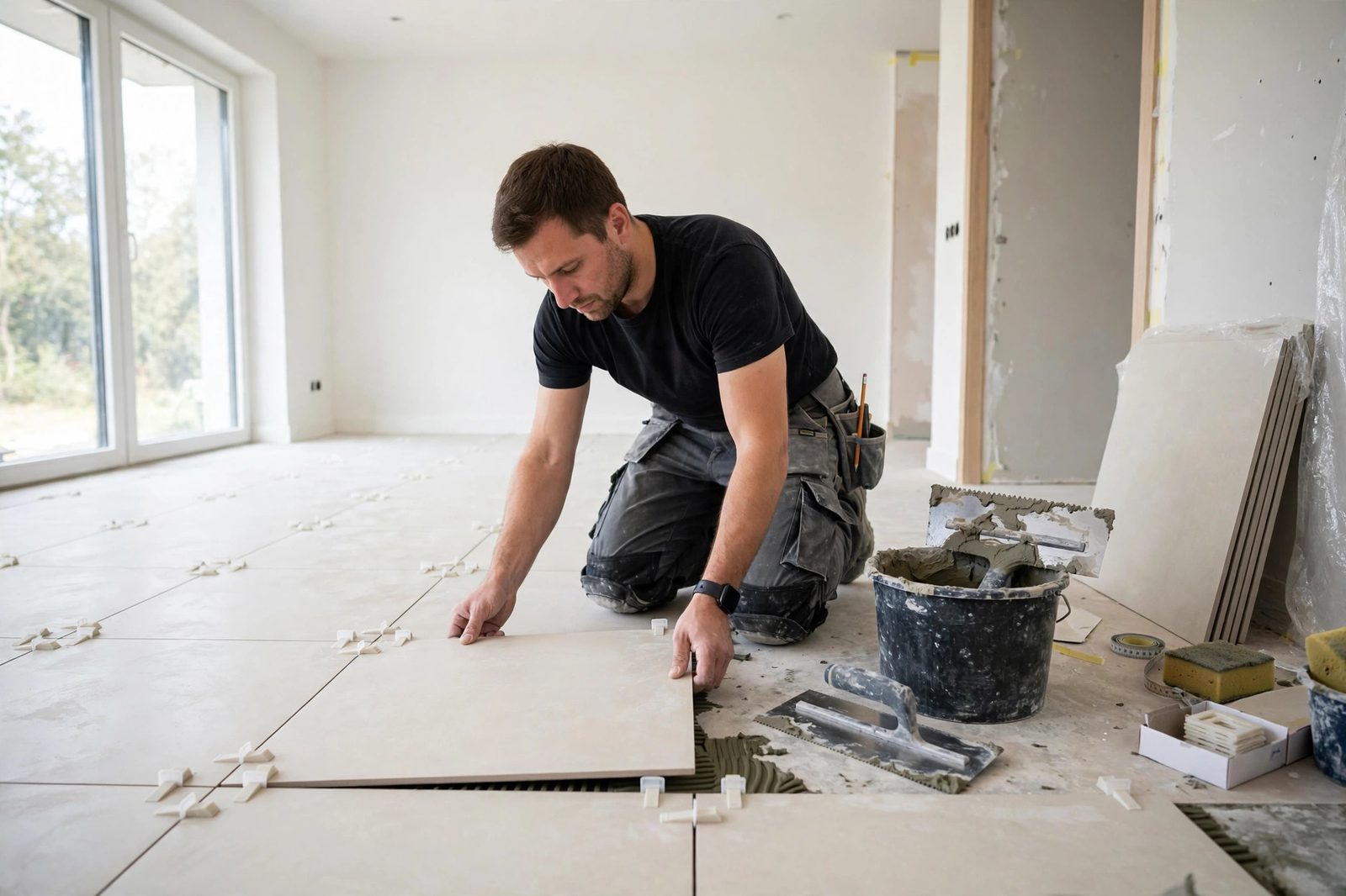 Floor tile installation in a Dubai home